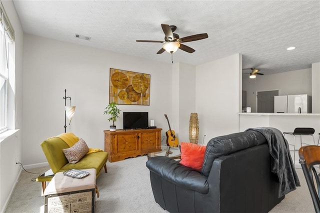 554 Rendevous Rd, Acworth, GA 30102 - carpeted living room with ceiling fan, baseboards, and a textured ceiling