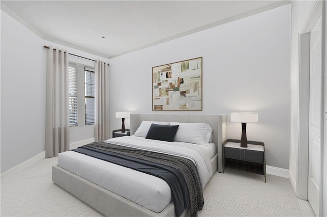 carpeted bedroom with baseboards and ornamental molding