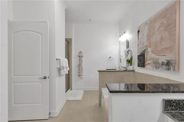 full bathroom featuring baseboards, tile patterned flooring, an enclosed shower, and crown molding