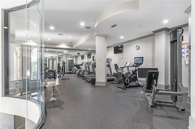 gym featuring recessed lighting and visible vents