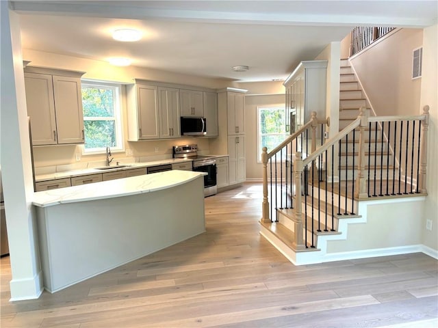 kitchen with a healthy amount of sunlight, stainless steel appliances, sink, and light hardwood / wood-style flooring