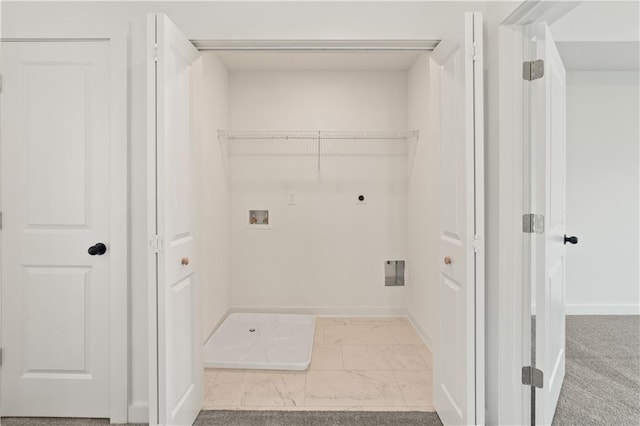 laundry room with hookup for an electric dryer, hookup for a washing machine, and light carpet