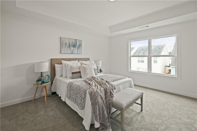 bedroom with carpet flooring and a raised ceiling