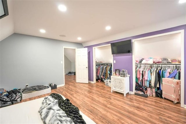 bedroom featuring hardwood / wood-style flooring and multiple closets