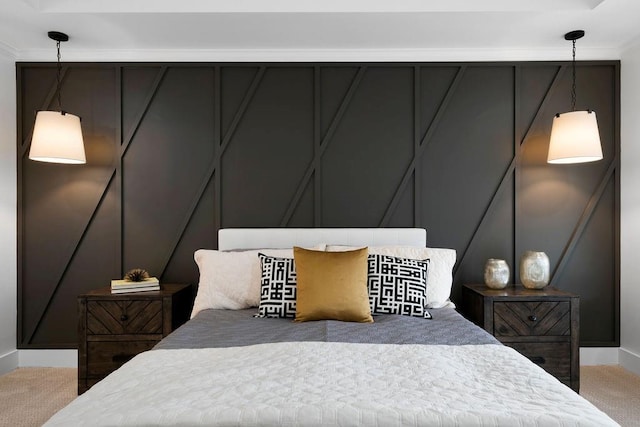 bedroom with light carpet and crown molding