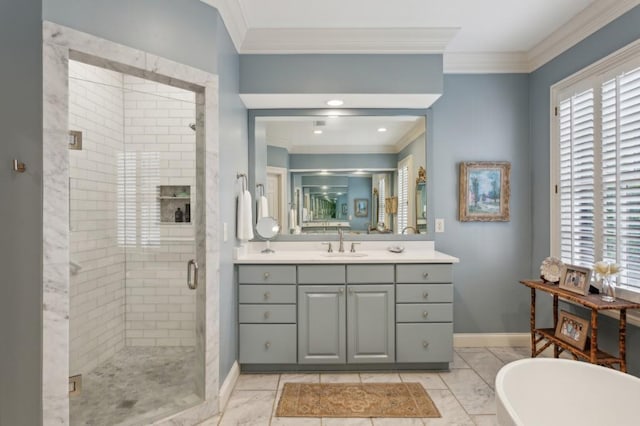 bathroom featuring tile patterned flooring, crown molding, and vanity