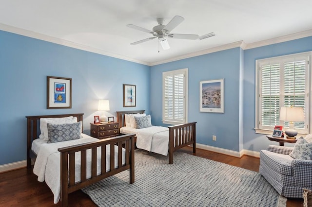 bedroom featuring ceiling fan, multiple windows, ornamental molding, and hardwood / wood-style floors