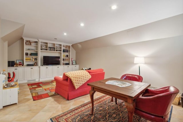 tiled living room featuring built in shelves and lofted ceiling