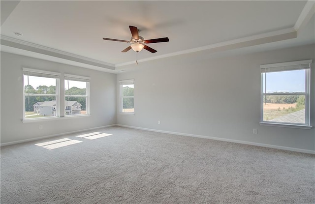 carpeted spare room featuring ceiling fan, ornamental molding, and a tray ceiling