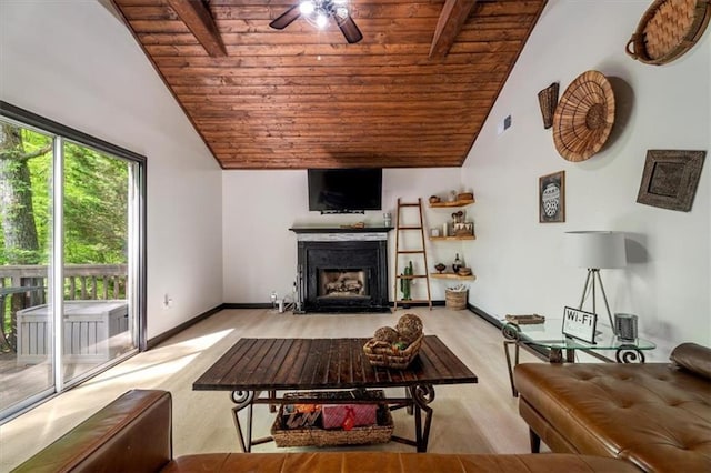 living area featuring wooden ceiling, ceiling fan, wood finished floors, a fireplace with flush hearth, and baseboards