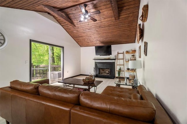 living area with wooden ceiling, a ceiling fan, a fireplace, baseboards, and wood finished floors