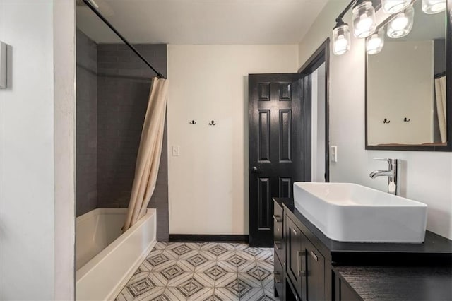 full bath featuring shower / bathtub combination with curtain and double vanity