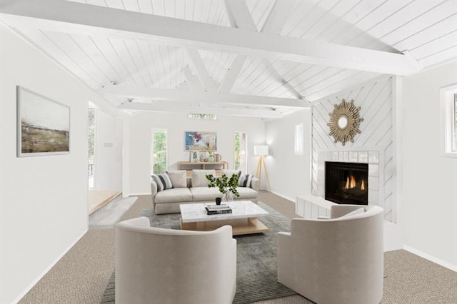 carpeted living room with vaulted ceiling with beams