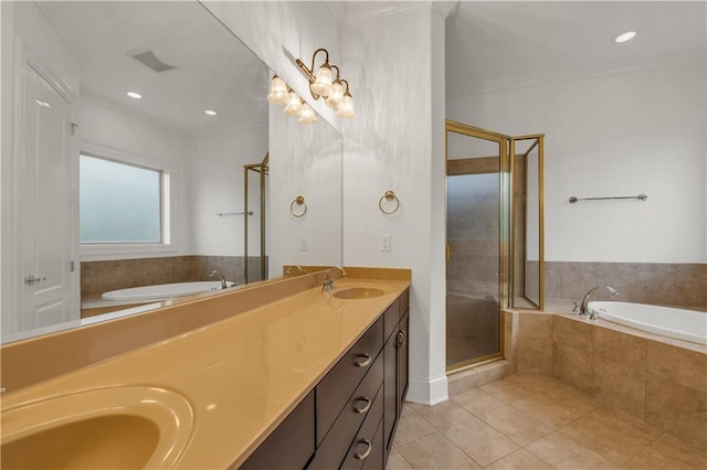 full bathroom featuring tile patterned floors, a sink, a shower stall, and a bath