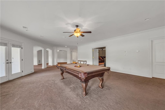 game room featuring arched walkways, carpet, pool table, visible vents, and ornamental molding