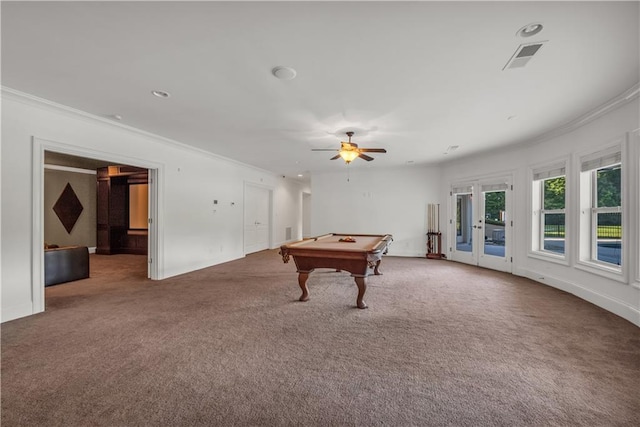 rec room featuring carpet floors and crown molding