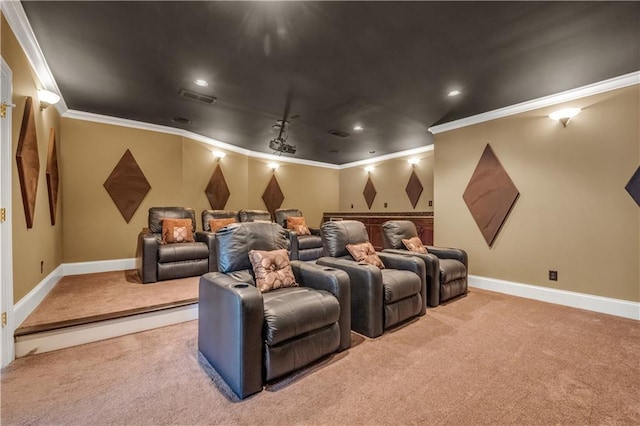 cinema room with baseboards, visible vents, light colored carpet, crown molding, and recessed lighting