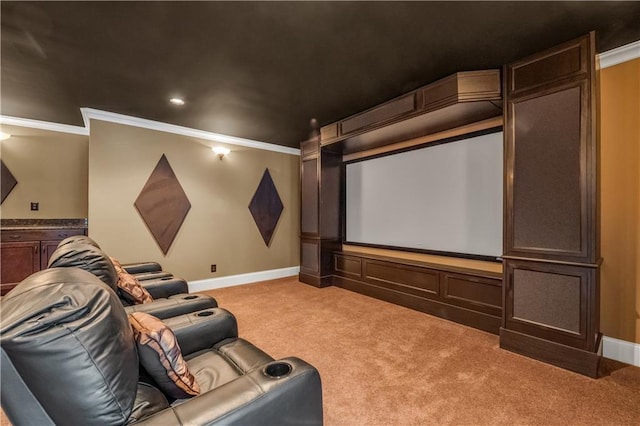 home theater with recessed lighting, baseboards, crown molding, and light colored carpet