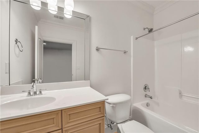 bathroom with shower / washtub combination, visible vents, toilet, ornamental molding, and vanity