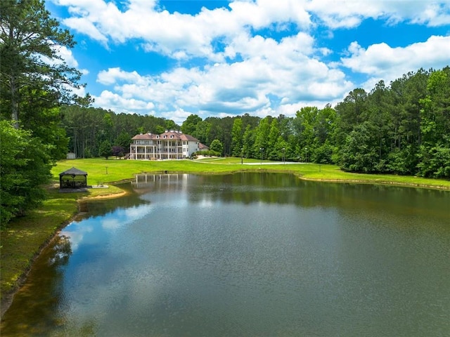 property view of water with a wooded view