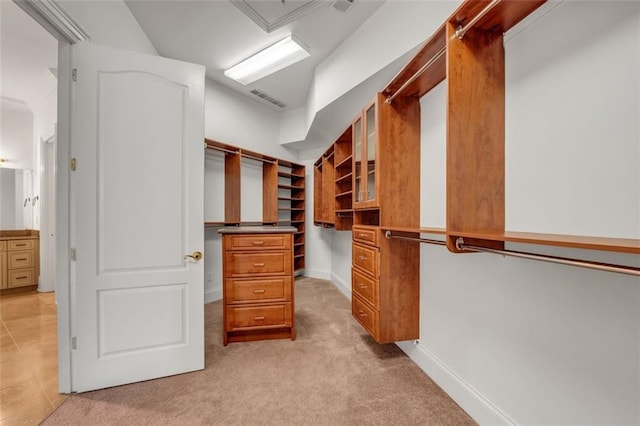 spacious closet featuring light carpet and visible vents