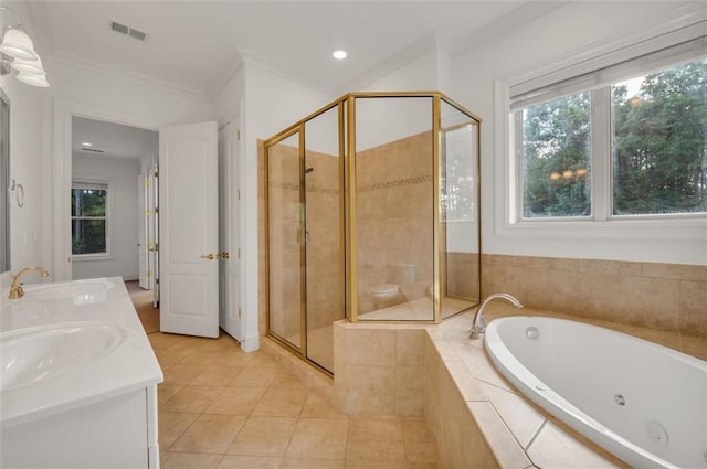 bathroom with a jetted tub, a sink, visible vents, and a stall shower