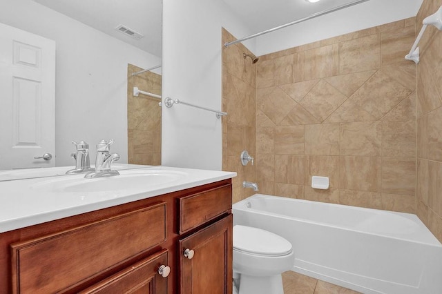 bathroom featuring tile patterned floors, visible vents, toilet,  shower combination, and vanity