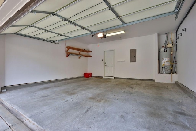 garage featuring electric panel, a garage door opener, and water heater