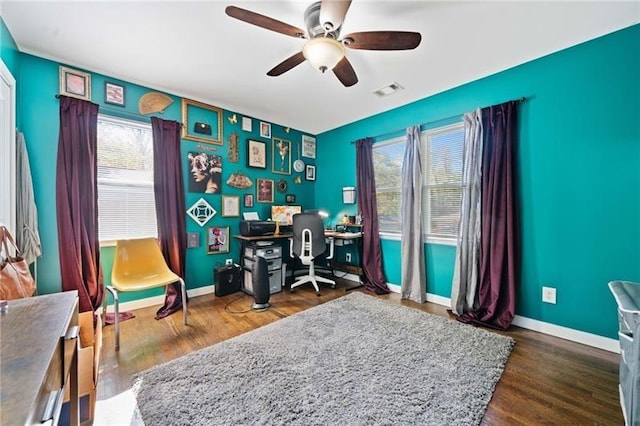 office featuring ceiling fan and dark hardwood / wood-style floors