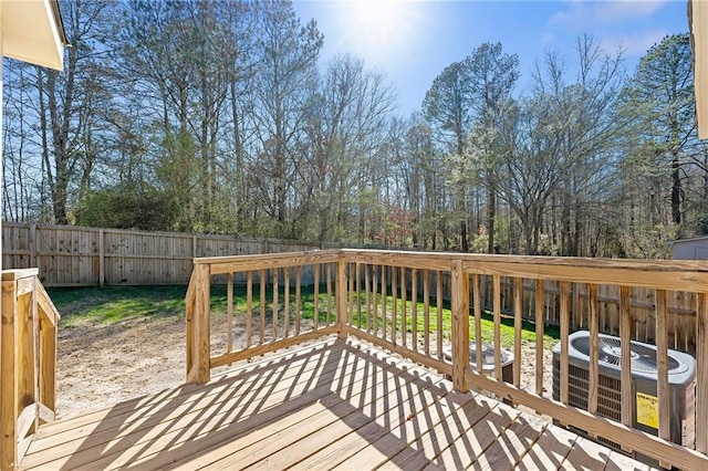 deck with a fenced backyard and central air condition unit