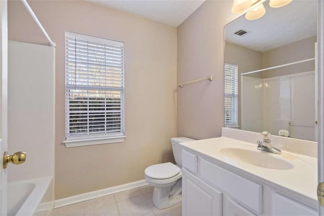 full bathroom with tile patterned flooring, vanity, toilet, and shower / washtub combination