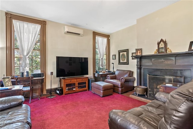 carpeted living room with an AC wall unit