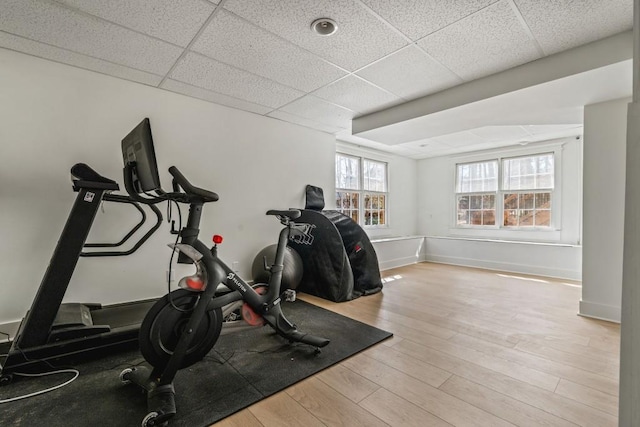 workout room with wood finished floors, a paneled ceiling, and baseboards