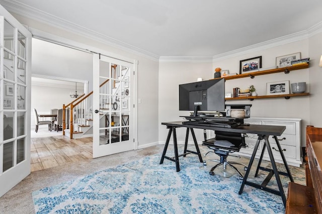 office featuring crown molding, wood finished floors, baseboards, french doors, and an inviting chandelier