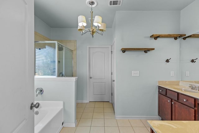 bathroom featuring tile patterned floors, vanity, independent shower and bath, and a notable chandelier