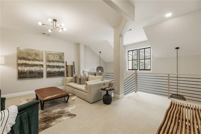 living room featuring lofted ceiling, carpet floors, and a notable chandelier