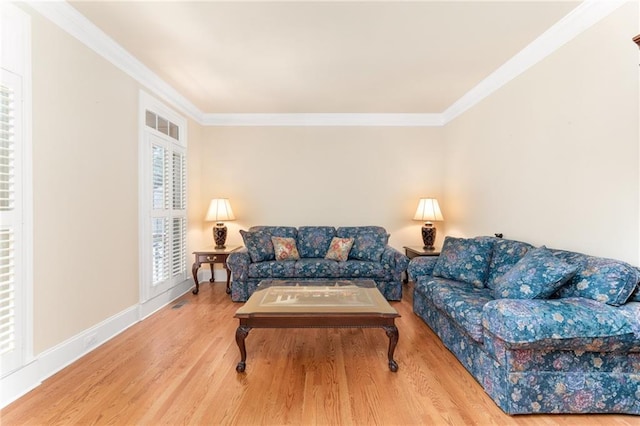 living room with wood-type flooring and crown molding