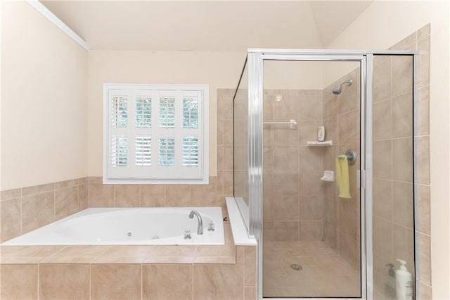 bathroom with separate shower and tub and crown molding