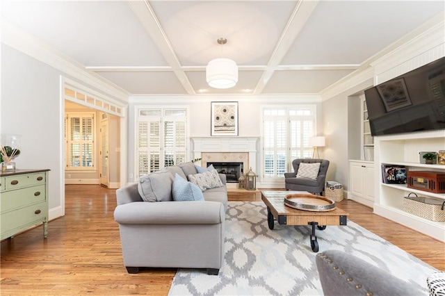 3110 Dickson St NE, Brookhaven, GA 30319 - living area featuring coffered ceiling, healthy amount of natural light, a fireplace, wood finished floors, and baseboards