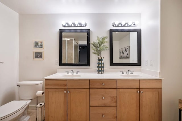 bathroom with vanity, an enclosed shower, and toilet