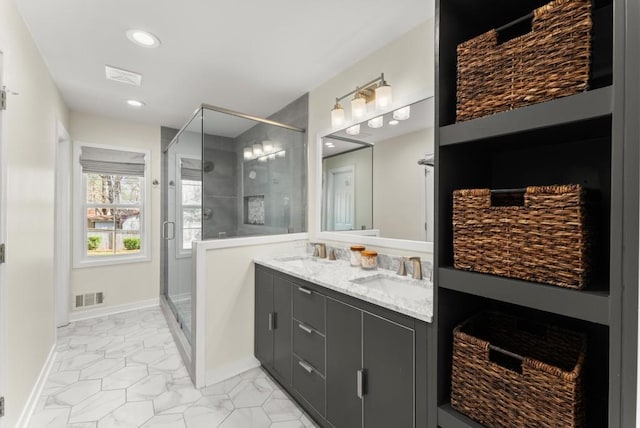 385 Jayne Ellen Way, Alpharetta, GA 30009 - bathroom with a shower stall, baseboards, marble look tile flooring, double vanity, and recessed lighting