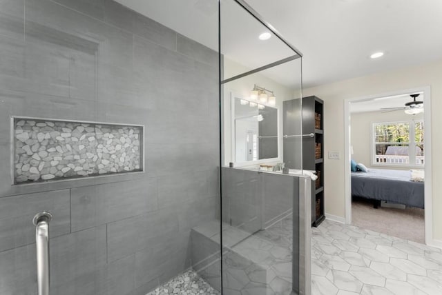385 Jayne Ellen Way, Alpharetta, GA 30009 - ensuite bathroom with a ceiling fan, a walk in shower, recessed lighting, tile patterned flooring, and baseboards
