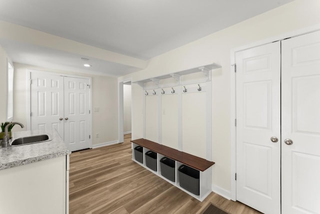 385 Jayne Ellen Way, Alpharetta, GA 30009 - mudroom featuring a sink, baseboards, light wood-style floors, and recessed lighting
