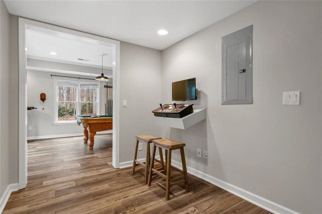 game room featuring hardwood / wood-style floors, a tray ceiling, and billiards