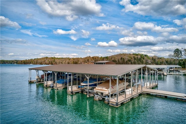 view of dock with a water view