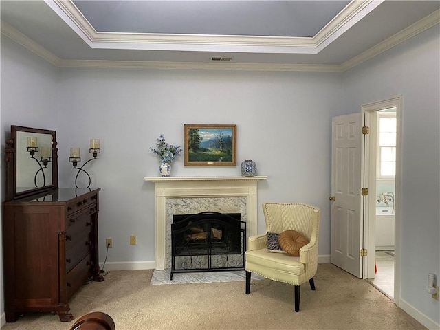5440 Cameron Forest Pkwy, Johns Creek, GA 30022 - sitting room with carpet floors, crown molding, a tray ceiling, and a premium fireplace