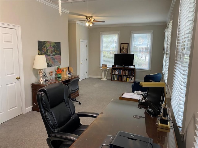 5440 Cameron Forest Pkwy, Johns Creek, GA 30022 - home office with ornamental molding, a ceiling fan, and carpet floors