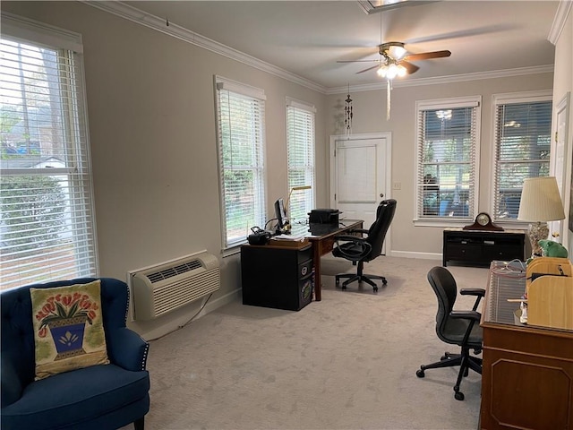 5440 Cameron Forest Pkwy, Johns Creek, GA 30022 - office area featuring an AC wall unit, crown molding, carpet flooring, and ceiling fan