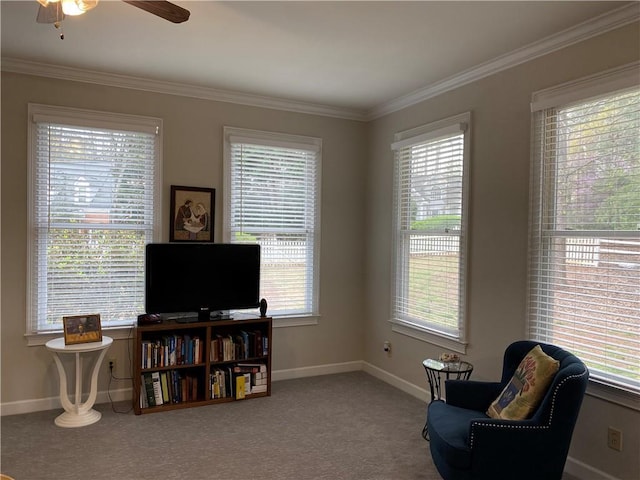 5440 Cameron Forest Pkwy, Johns Creek, GA 30022 - living area featuring plenty of natural light, ornamental molding, carpet, and a ceiling fan