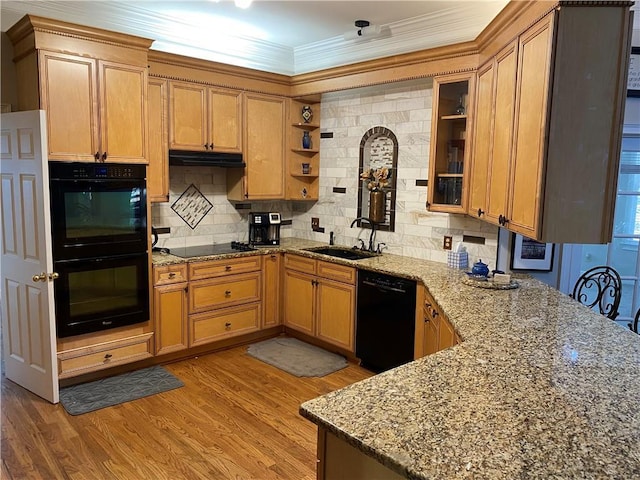 5440 Cameron Forest Pkwy, Johns Creek, GA 30022 - kitchen with black appliances, open shelves, backsplash, light stone countertops, and ornamental molding